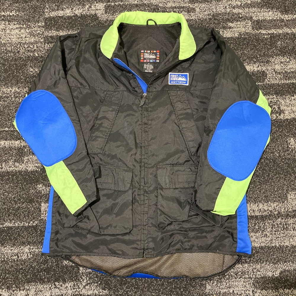Vintage 90s First Down Wettech Jacket Mens M Black Blue Green Cargo Windbreaker
